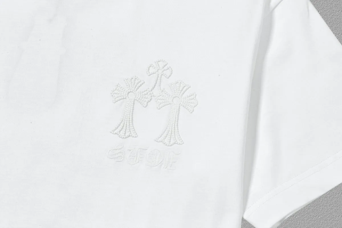 🅿️200 [CH Crow Heart] 2025FW short-sleeved T-shirt, arch bridge embroidery, high-end 26s double yarn 300g fabric, heavy fabric, custom stretcher rib, same cylinder and dye, complete three standards, same style for men and women, color: black, white, size: S M L XL 2XL